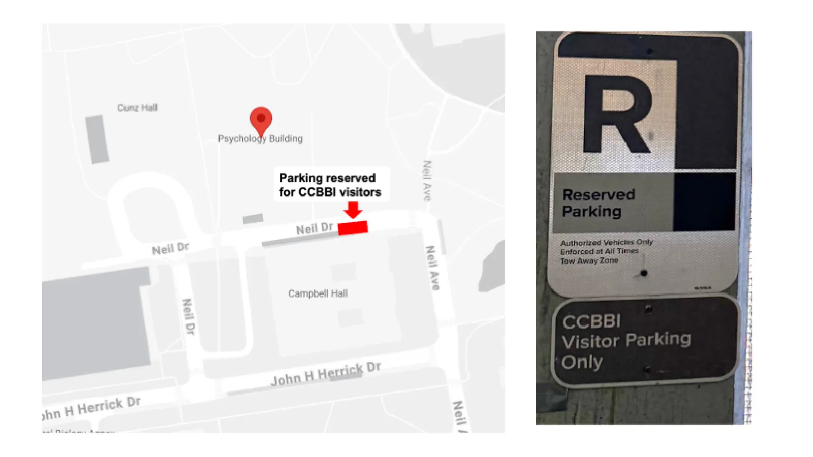 Map showing CCBBI's reserved parking spots on Neil Dr.